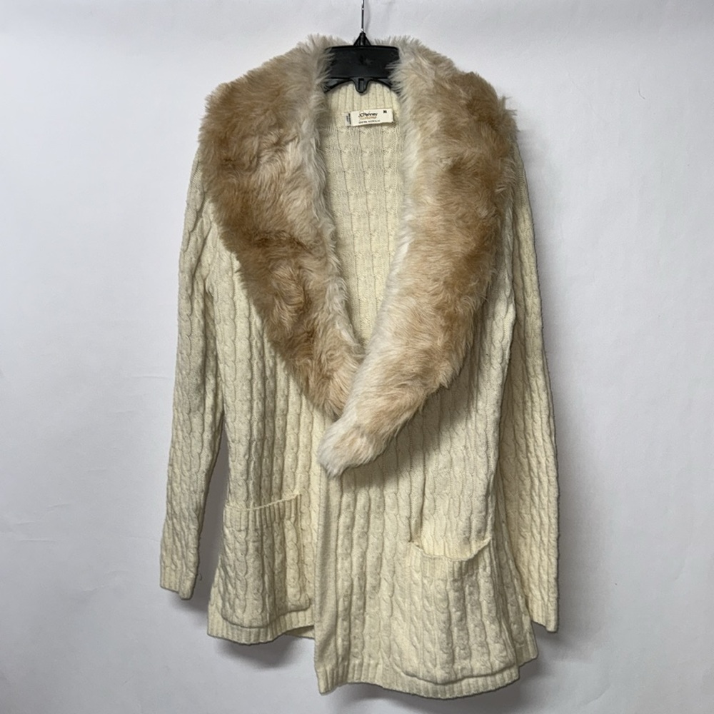 Vintage 70s 80s JCPenney Fashions Cream Cable Knit Cardigan‎ Faux Fur Collar M